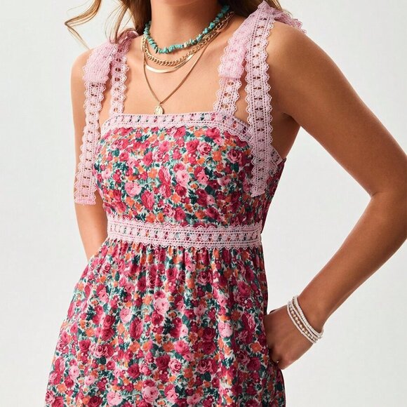 Pink Boho Women's Cowgirl Style Floral Lace Patchwork Dress - Picture 6 of 6